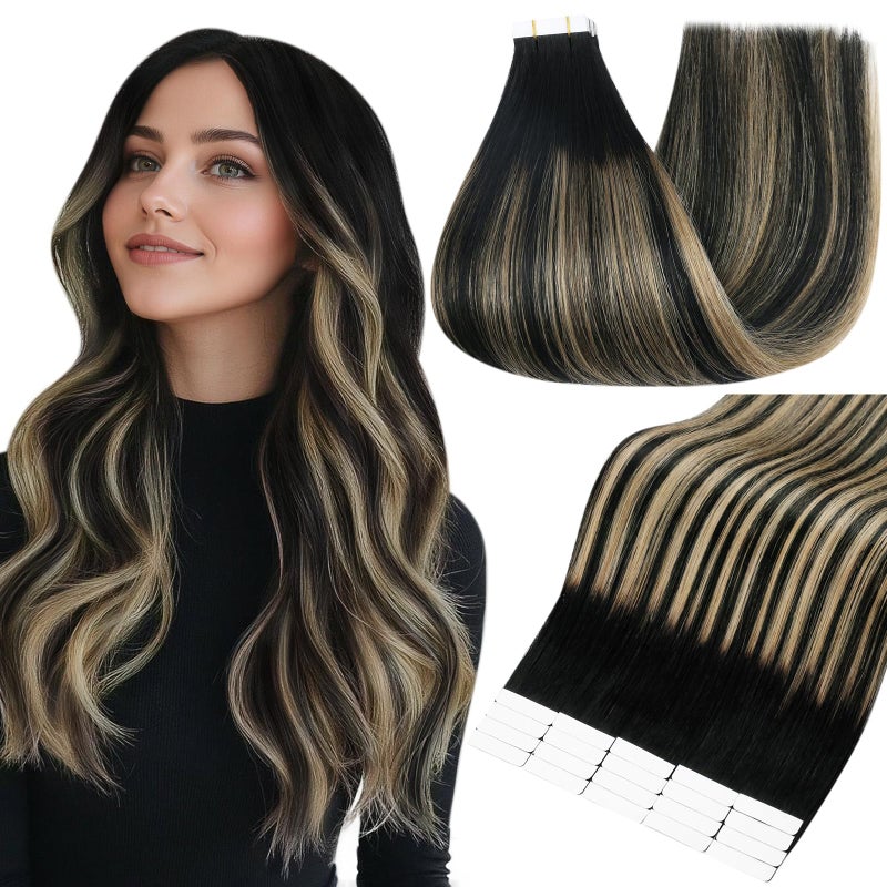 Full Shine Tape in Extensions Human Hair 20 Inch Color 1B271B Black with Blonde Double Sided Human Hair Extensions Tape in 50g Seamless Tape ins Human Hair Extensions 20PCS for Wedding